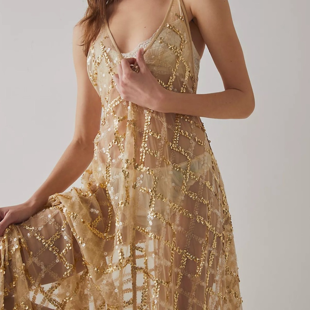 We The Free People Gold Sequin Mesh Gown | We The Free Maxi Dress (M)